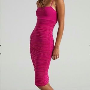 Showpo. Coming for You Barbie Pink Ruched Midi Length Dress